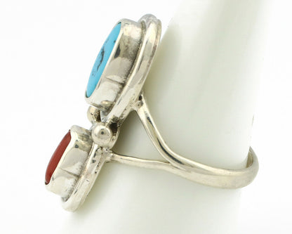 Navajo Ring .925 Silver Blue Turquoise & Red Coral Native American Artist C.80's