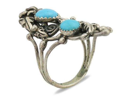 Navajo Ring .925 Silver Sleeping Beauty Turquoise Signed Prairie Fire C.80's