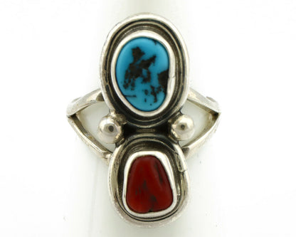 Navajo Ring .925 Silver Red Coral & Blue Turquoise Native Artist C.80's