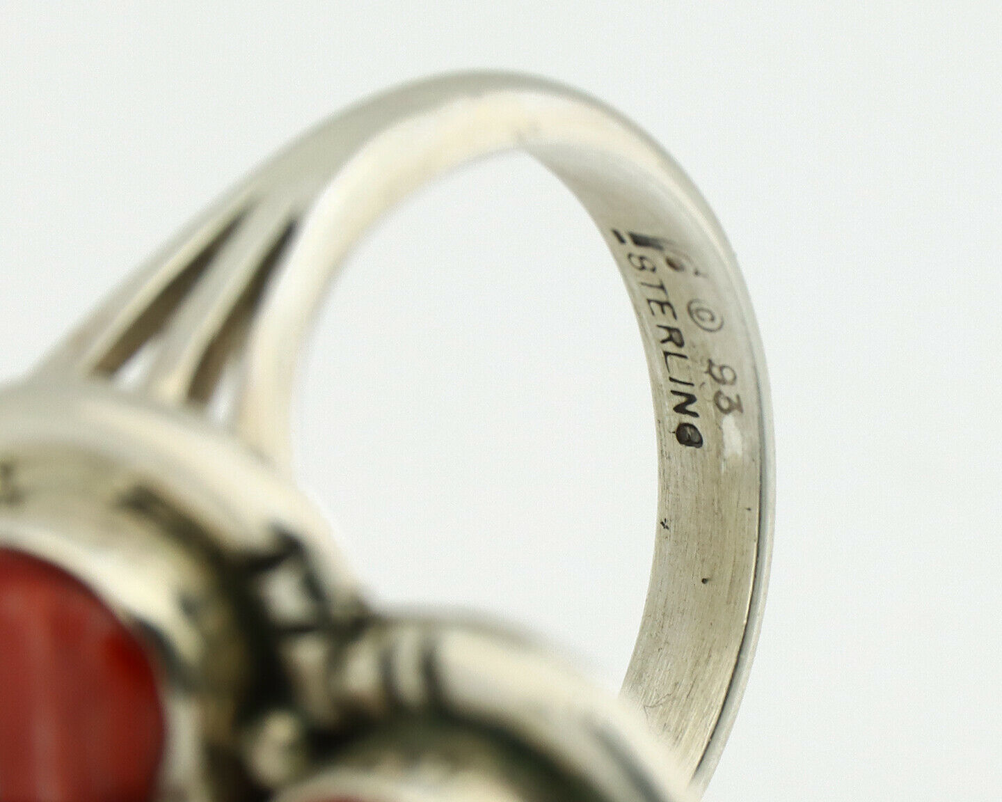 Navajo Ring .925 Silver Natural Coral & Turquoise Signed Carrol Felley C.80's
