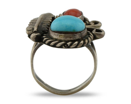Navajo Handmade Ring 925 Silver Turquiose & Coral Native American Artist C.80's