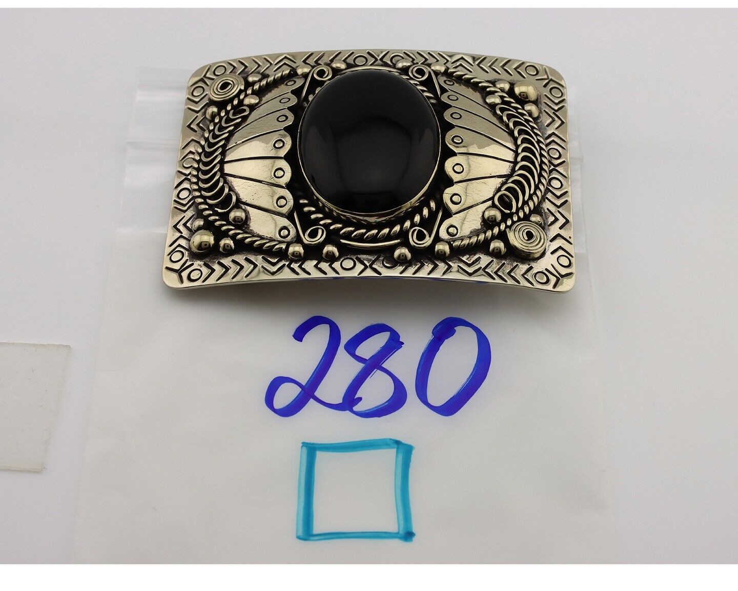 Men Navajo Belt Buckle 999 Nickel Onyx Artist Signed Teepee Handmade