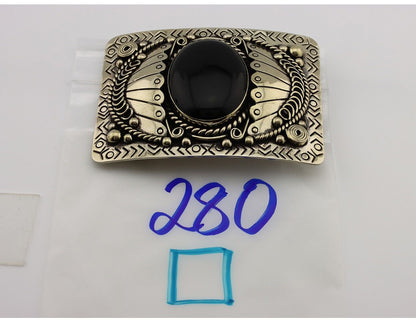 Men Navajo Belt Buckle 999 Nickel Onyx Artist Signed Teepee Handmade