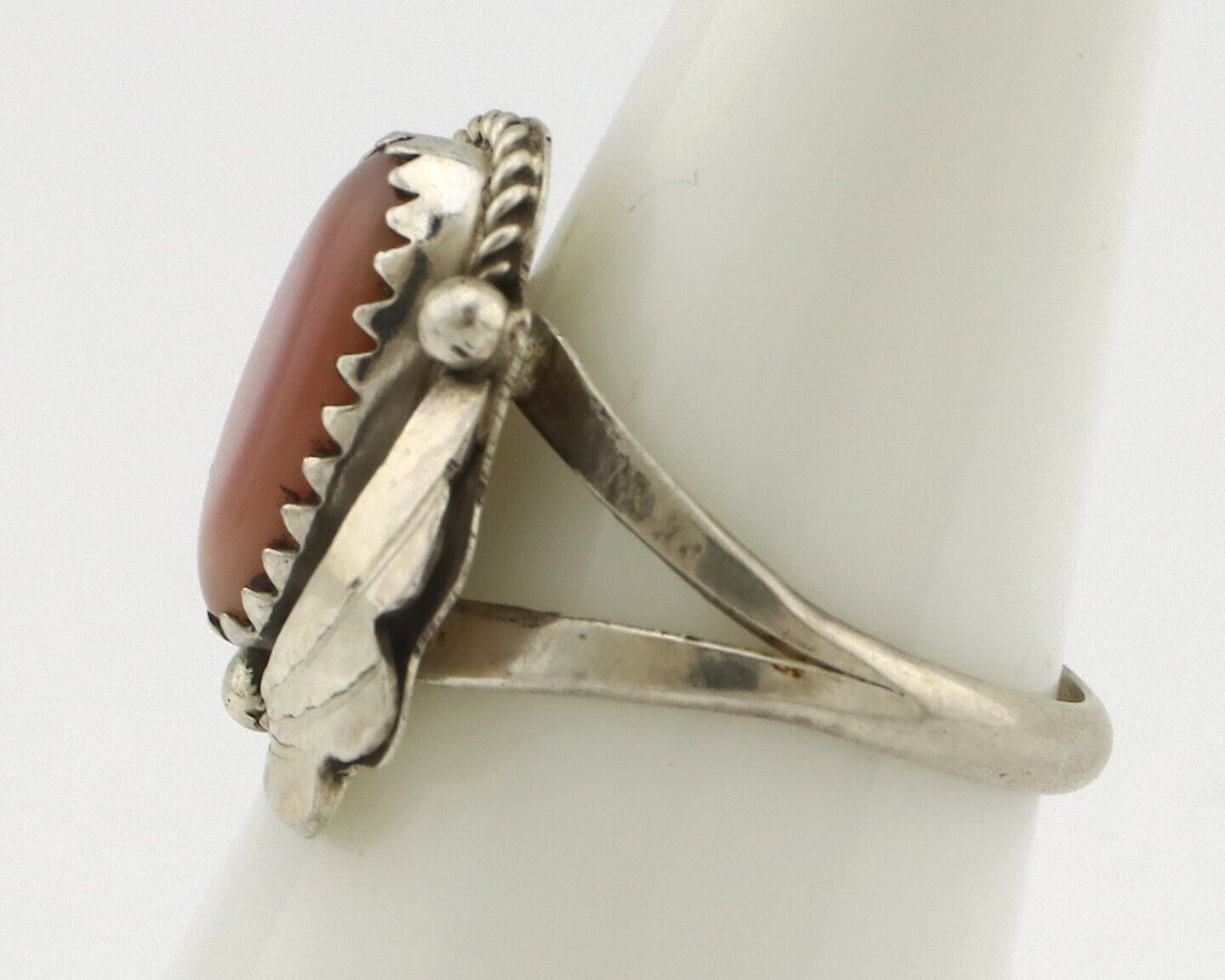 Navajo Ring .925 Silver Natural Pink Mussel Artist Signed Justin Morris C.80's