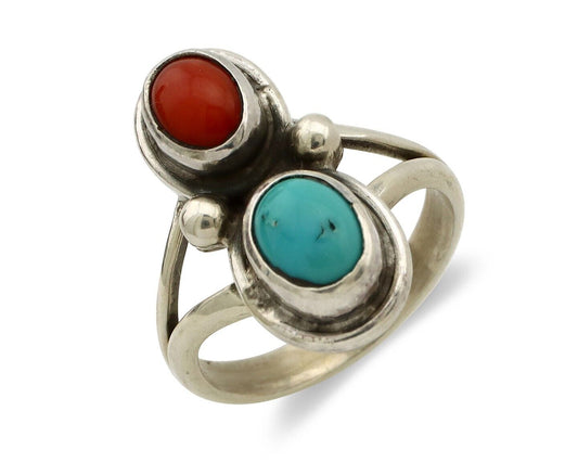 Navajo Handmade Ring 925 Silver Coral & Turquoise Native American Artist C.80's
