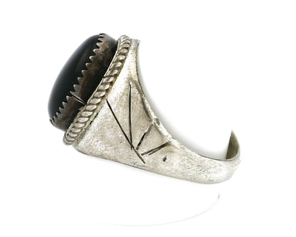 Women's Navajo Ring .925 SOLID Silver Hand Stamped Black Onyx Circa 1980's