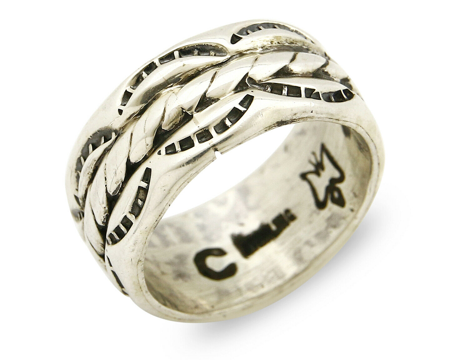 Navajo Ring .925 Silver Handmade Hand Stamped 3 Row Rope Band C.1980s