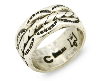 Navajo Ring .925 Silver Handmade Hand Stamped 3 Row Rope Band C.1980s