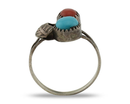 Navajo Handmade Ring 925 Silver Turquiose & Coral Native American Artist C.80's