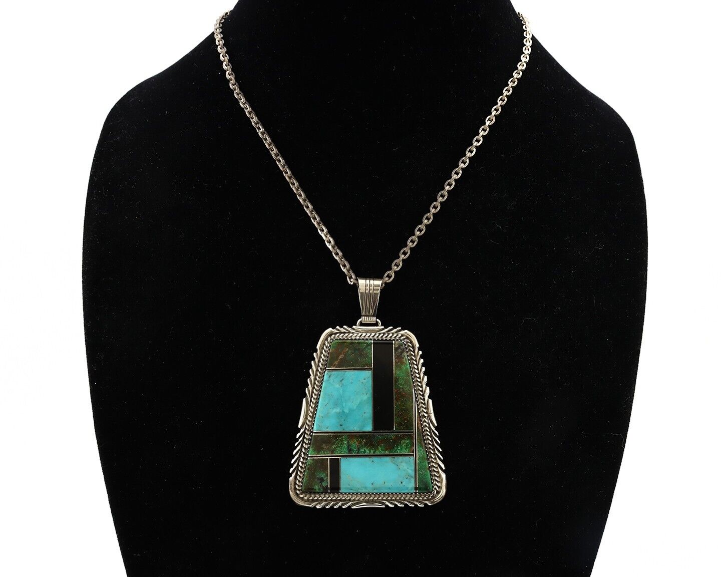 Navajo Necklace 925 Silver Turquoise & Onyx Artist Signed LTB C.80's