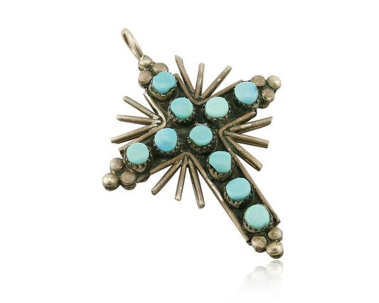 Zuni REAL Turquoise and Coral Reversible 925 Silver Handmade Cross Pendant