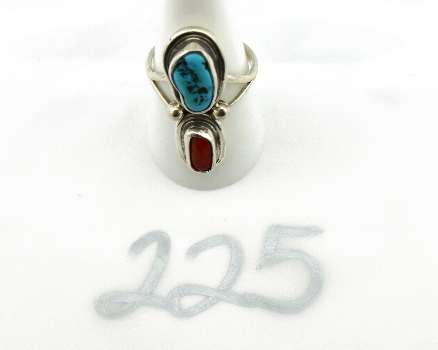 Navajo Ring .925 Silver Red Coral & Blue Turquoise Native Artist C.80's