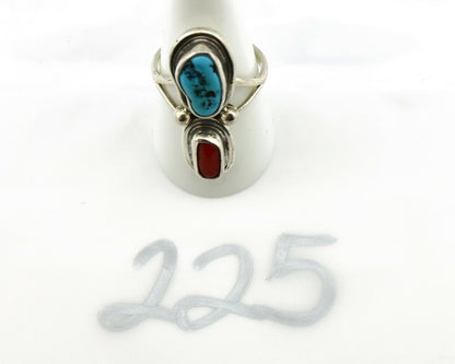 Navajo Ring .925 Silver Red Coral & Blue Turquoise Native Artist C.80's