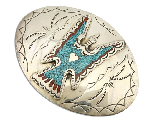 Navajo Belt Buckle 925 Silver Handmade Chip Inlay Artist Signed CP C.80s