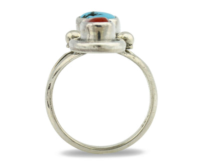 Navajo Ring .925 Silver Red Coral & Blue Turquoise Native Artist C.80's