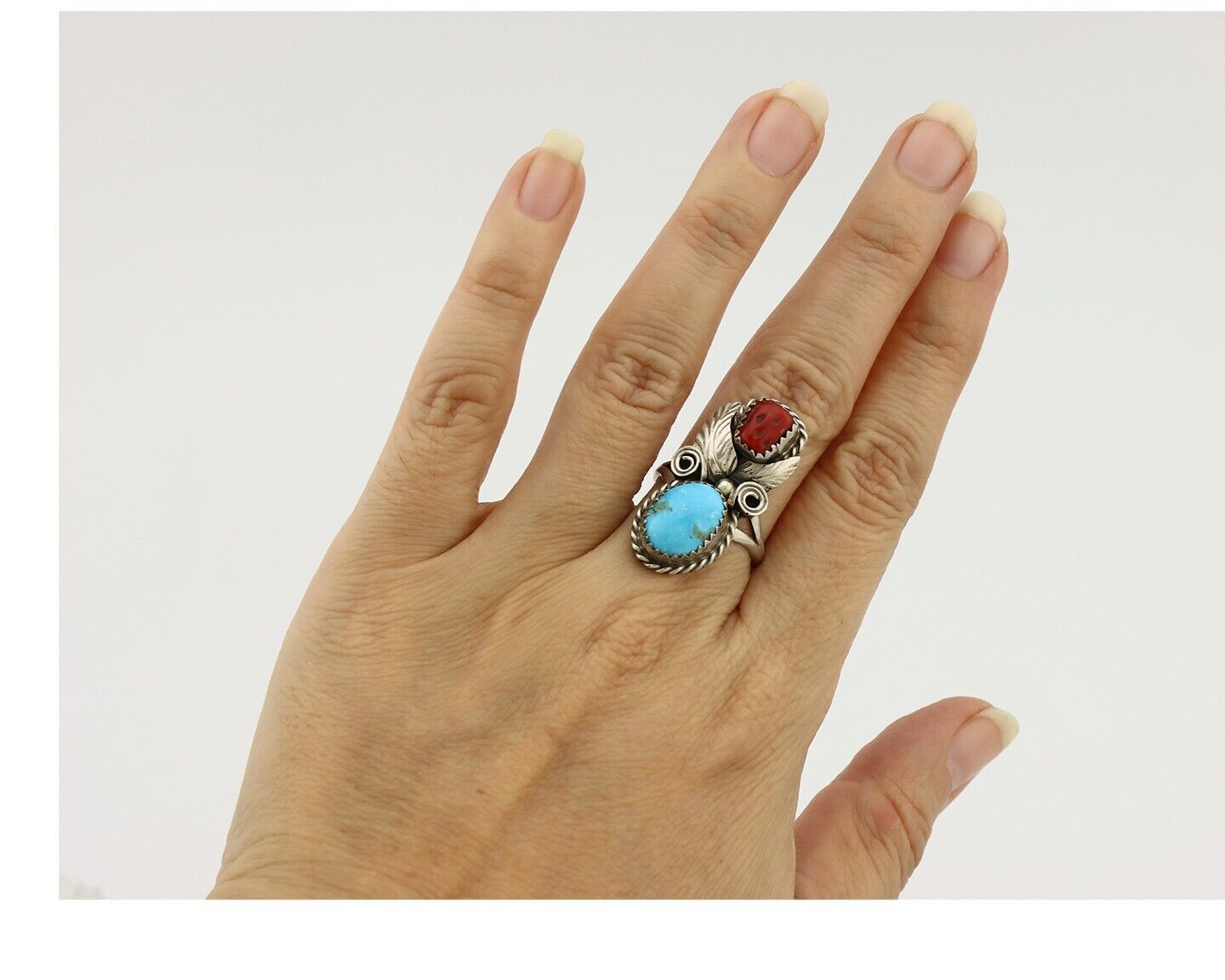 Navajo Ring 925 Silver Blue Turquiose & Coral Artist Signed Justin Morris C.80's