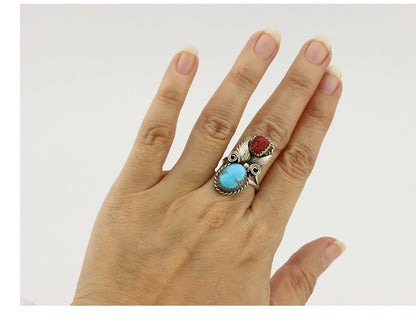 Navajo Ring 925 Silver Blue Turquiose & Coral Artist Signed Justin Morris C.80's
