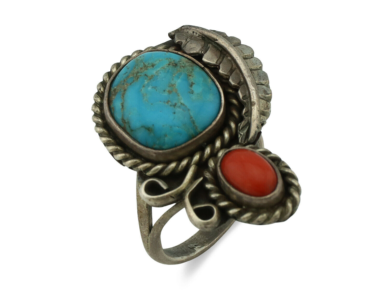 Navajo Ring .925 Silver Turquoise & Coral Native American Artist C.1975's