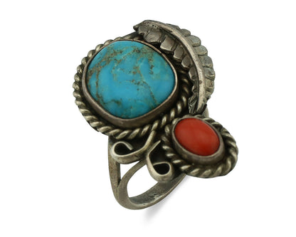 Navajo Ring .925 Silver Turquoise & Coral Native American Artist C.1975's