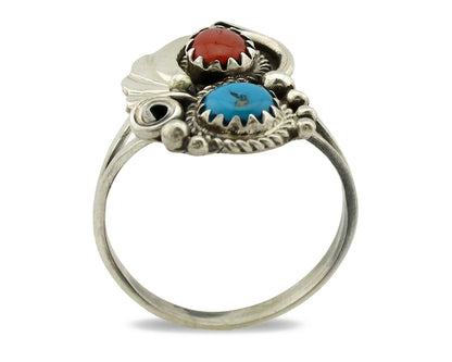 Navajo Ring .925 Silver Morenci Turquoise & Coral Native Artist Signed JM C.80's