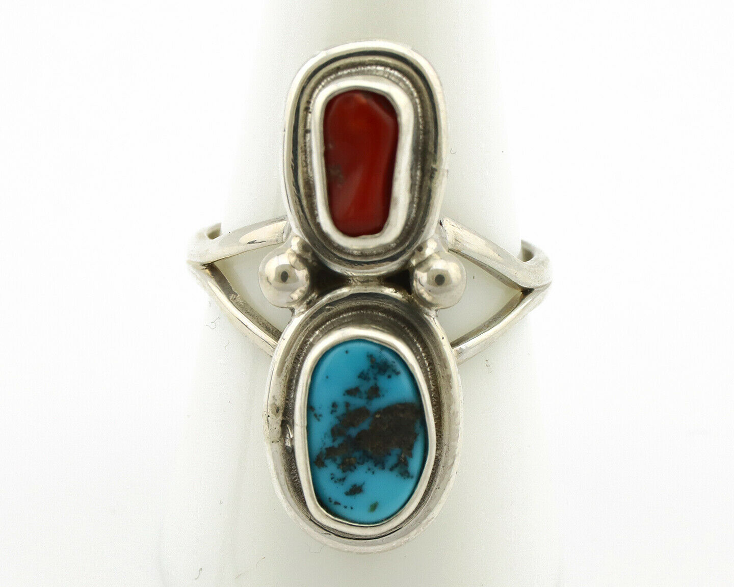 Navajo Ring .925 Silver Blue Turquoise & Red Coral Native American Artist C.80's