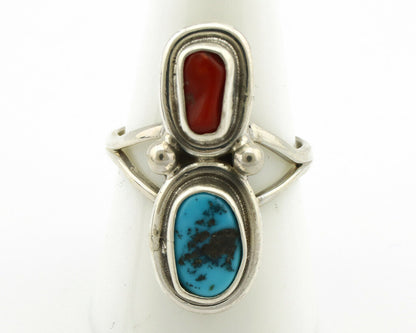 Navajo Ring .925 Silver Blue Turquoise & Red Coral Native American Artist C.80's