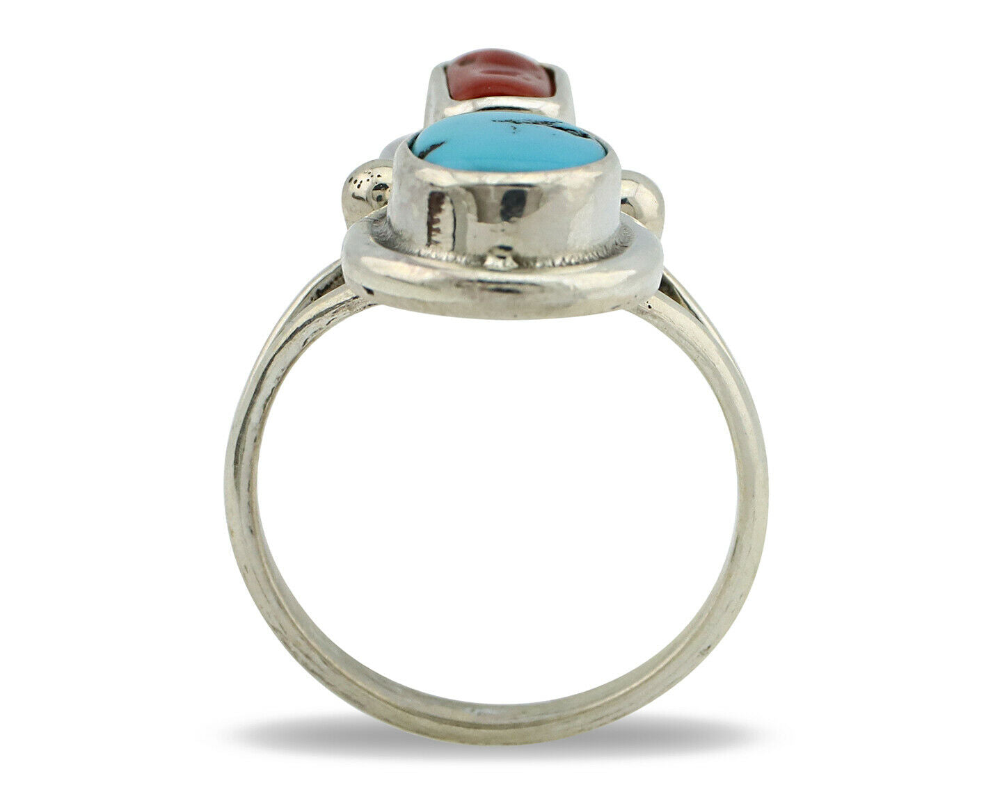 Navajo Ring .925 Silver Blue Turquoise & Red Coral Native American Artist C.80's