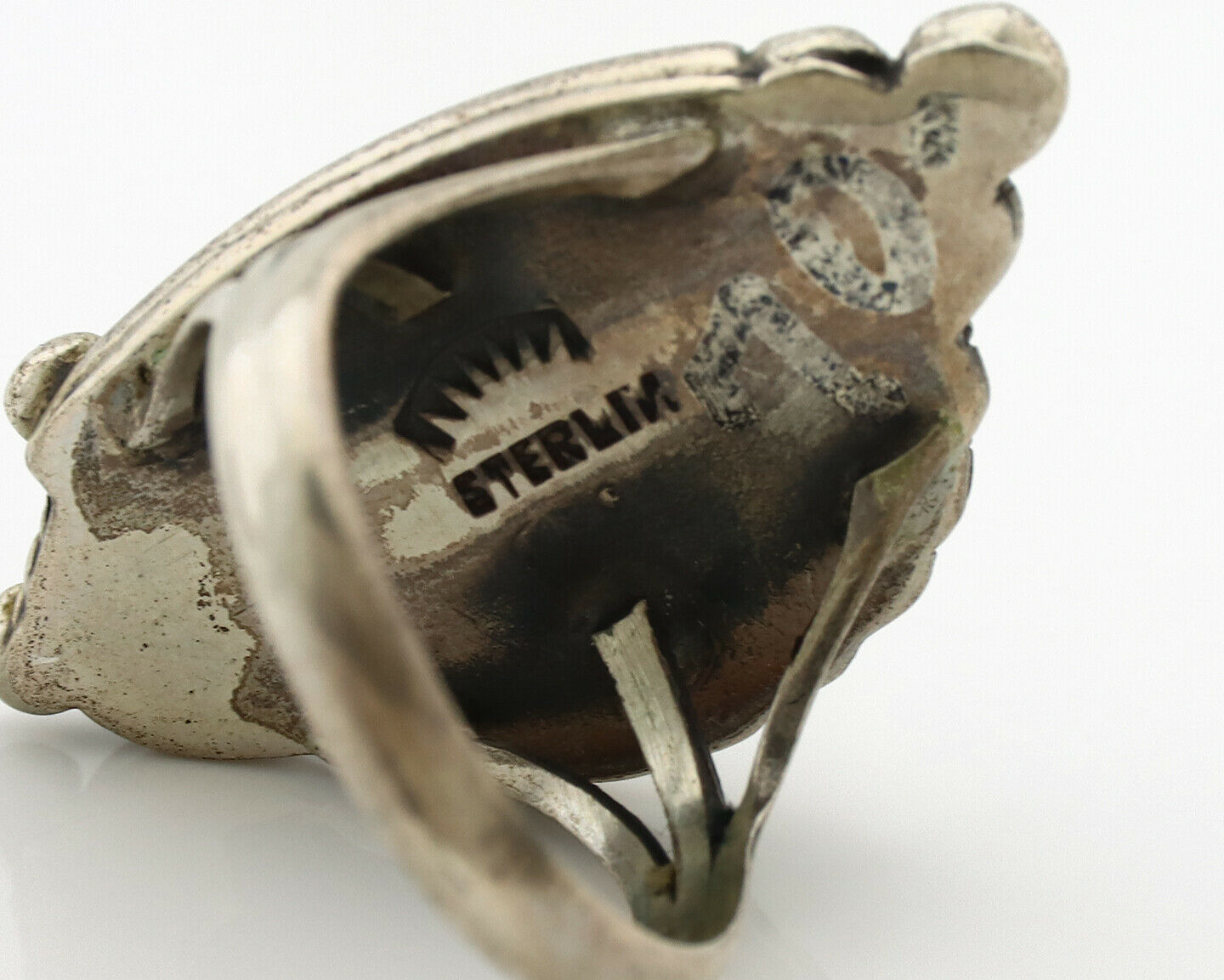 Navajo Ring .925 Silver Spiderweb Turquoise Signed Native Artist C.80's