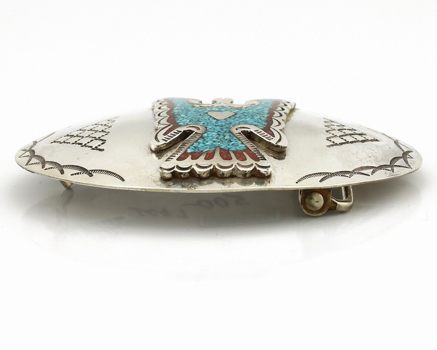 Navajo Belt Buckle 925 Silver Handmade Chip Inlay Artist Signed CP C.80s