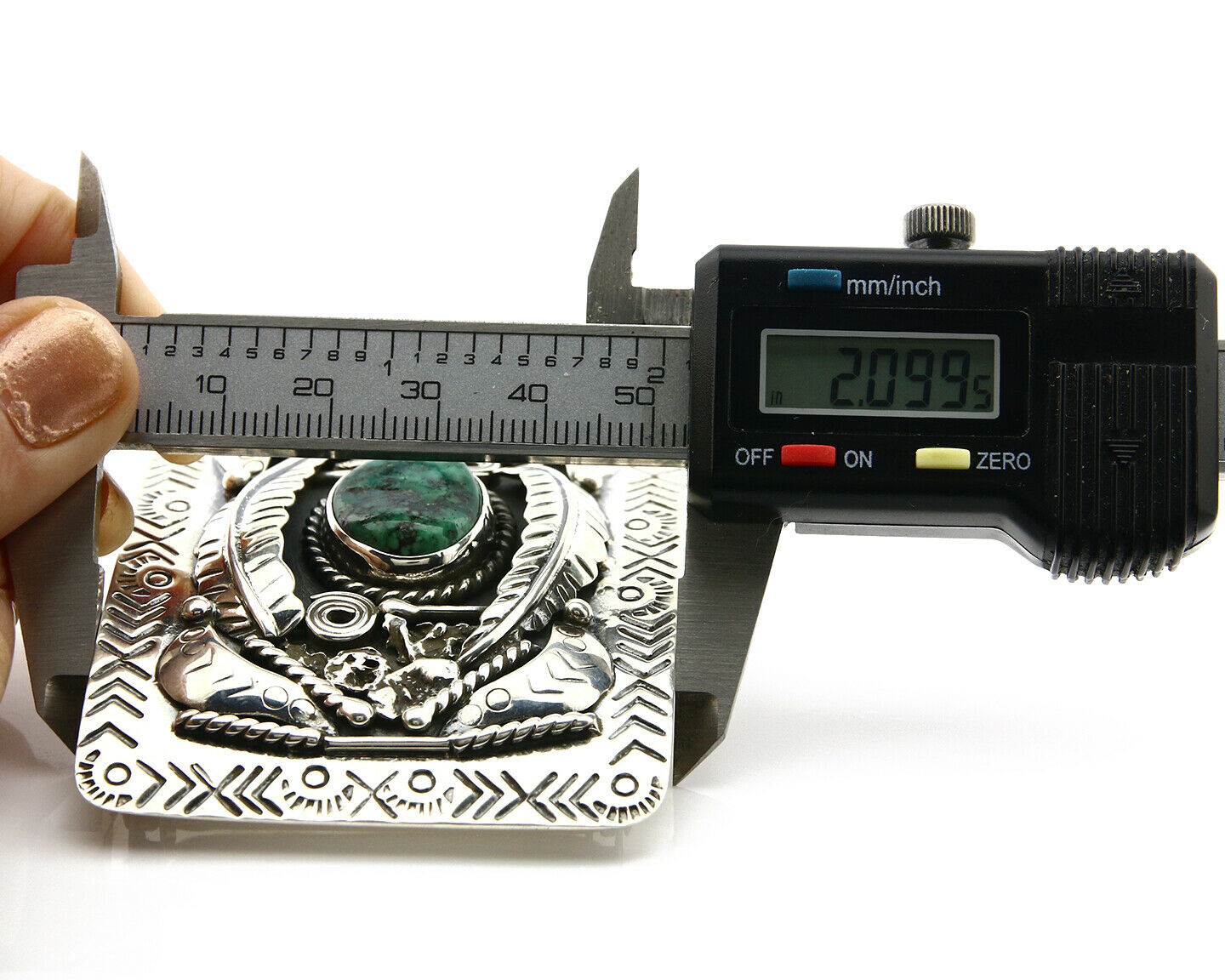 Navajo Belt Buckle .925 Silver Turquoise Mountain Artist Signed Tipi C.80's