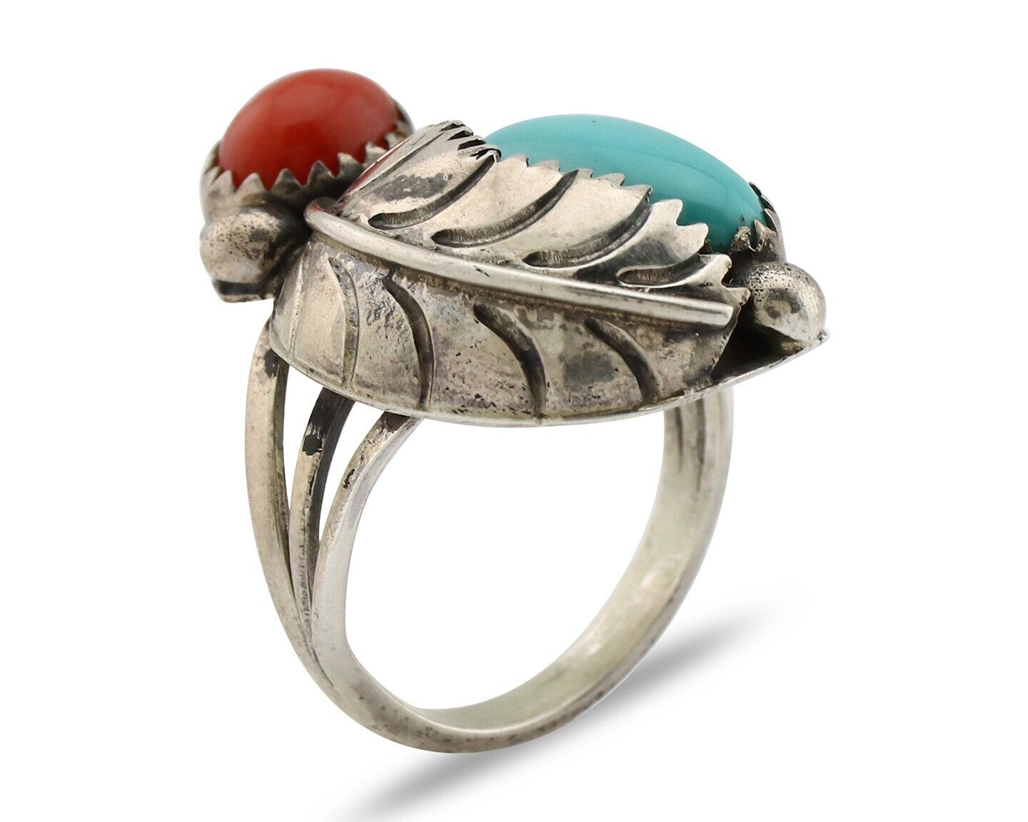 Navajo Handmade Ring 925 Silver Turquiose & Coral Native American Artist C.80's
