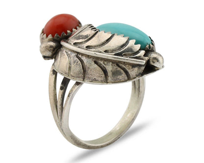 Navajo Handmade Ring 925 Silver Turquiose & Coral Native American Artist C.80's