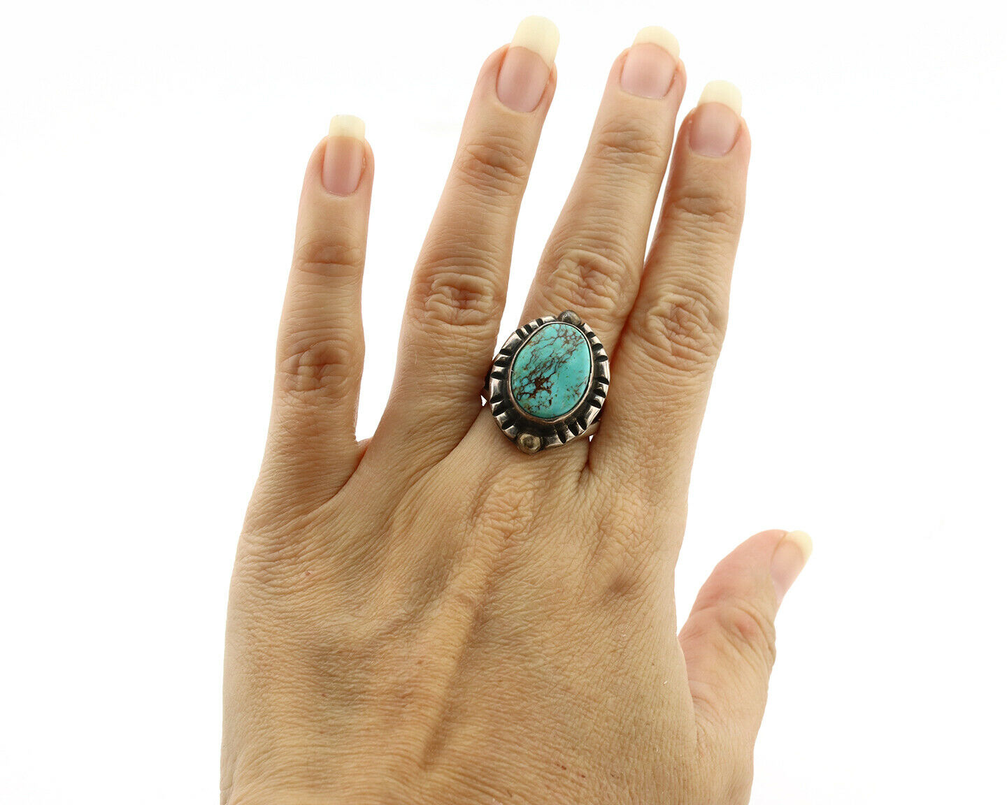 Navajo Ring .925 Silver Kingman Turquoise Artist Signed Gecko C.1980's