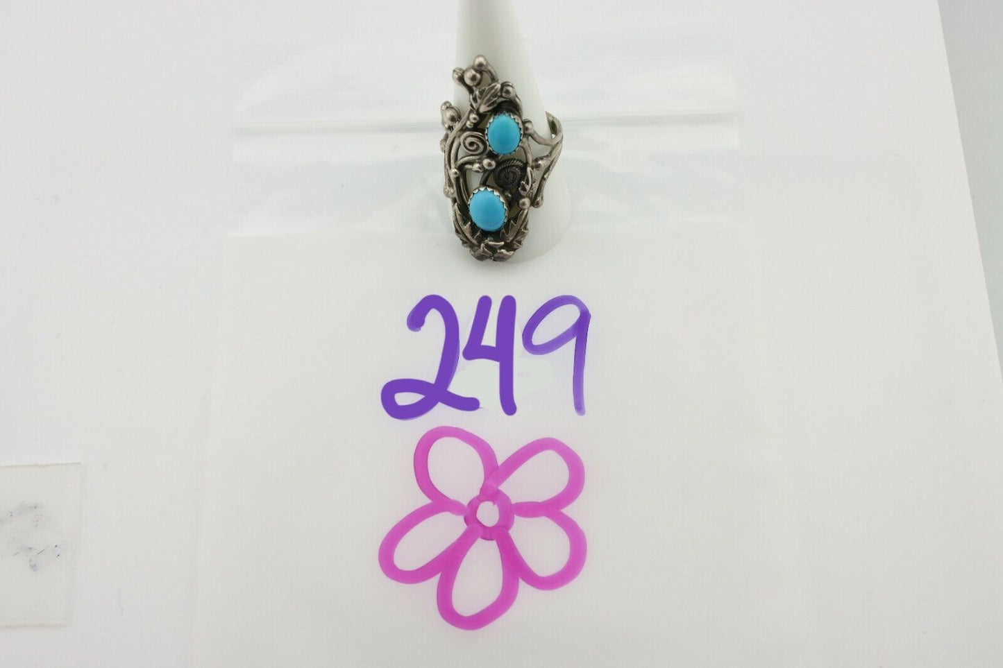 Navajo Ring .925 Silver Sleeping Beauty Turquoise Signed Prairie Fire C.80's