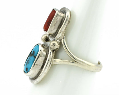 Navajo Ring .925 Silver Red Coral & Blue Turquoise Native Artist C.80's