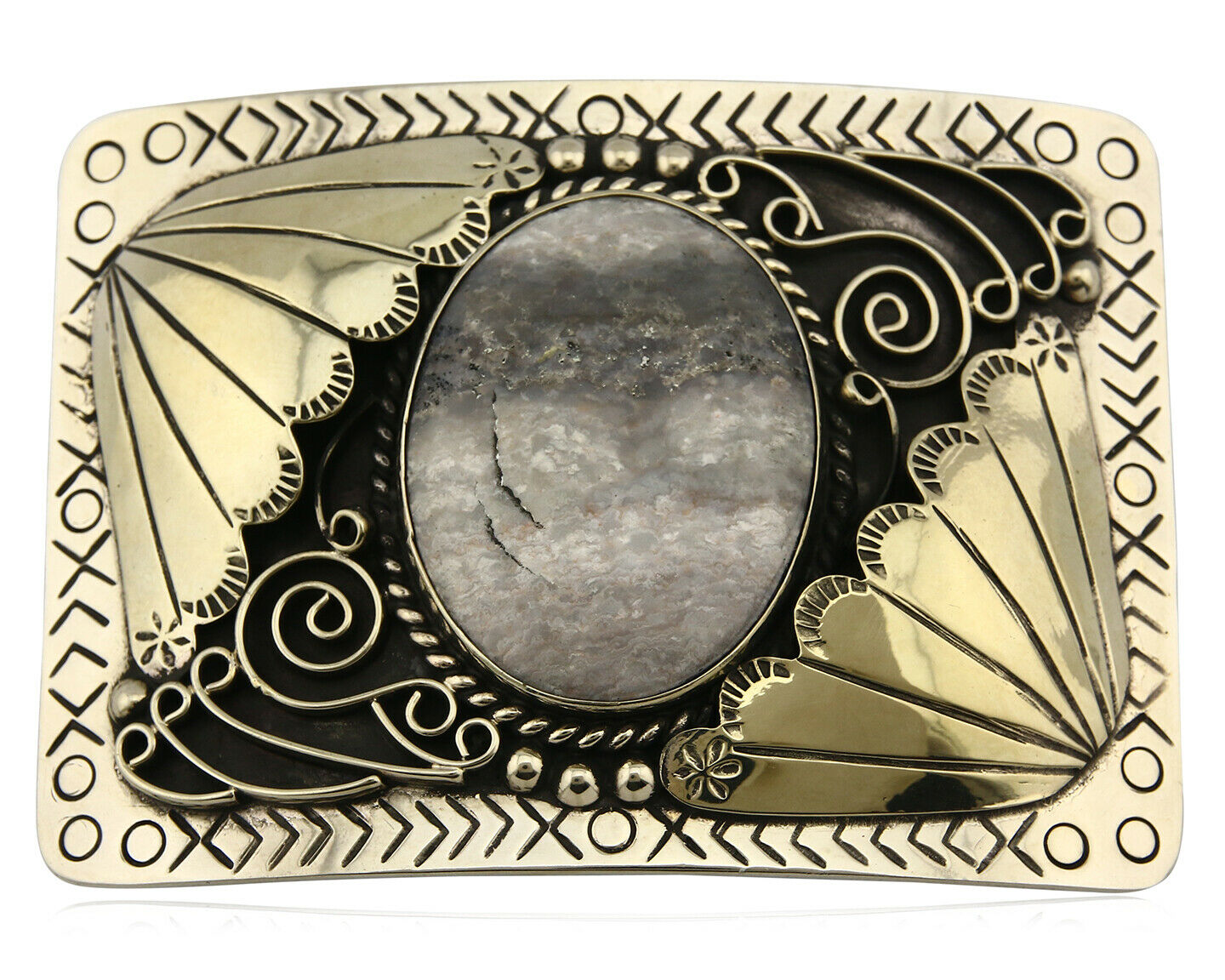 Navajo Belt Buckle .999 Nickle Silver Natural Gemstone Signed Tipi C.80's