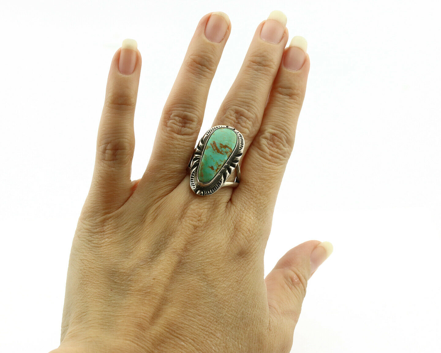 Navajo Ring .925 Silver Kingman Turquoise Artist Signed Gecko C.1980's