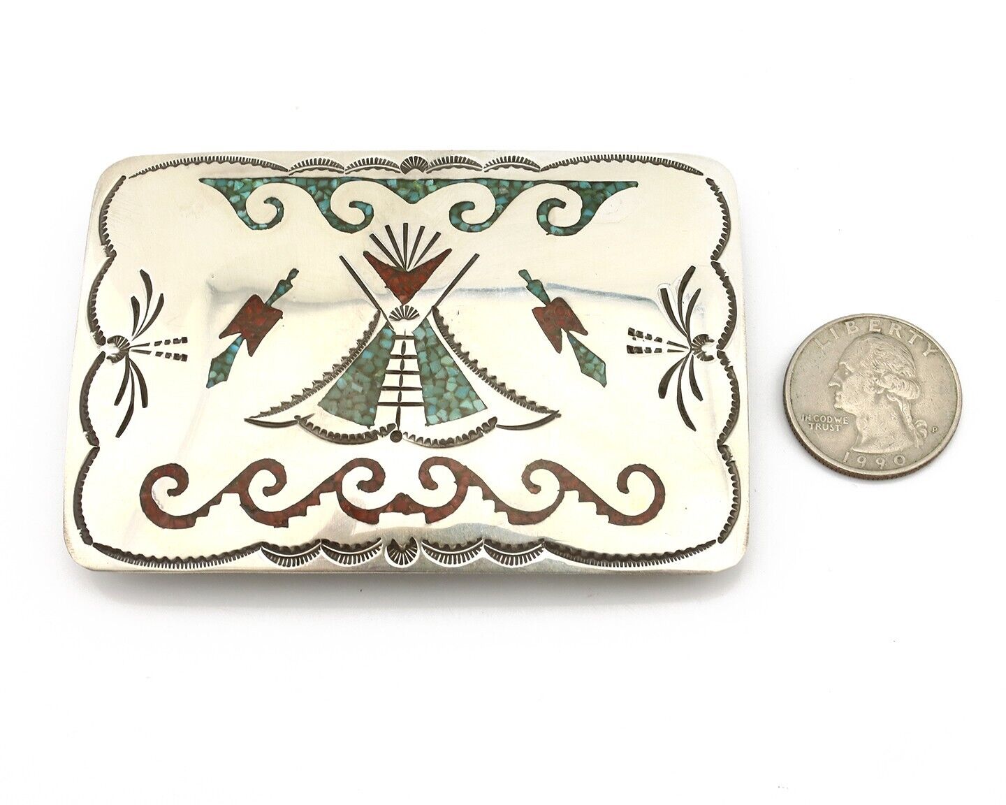 Navajo Belt Buckle .925 Silver Handmade Chip Inlay Artist Signed Bee Gay C.80's