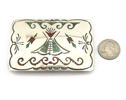 Navajo Belt Buckle .925 Silver Handmade Chip Inlay Artist Signed Bee Gay C.80's