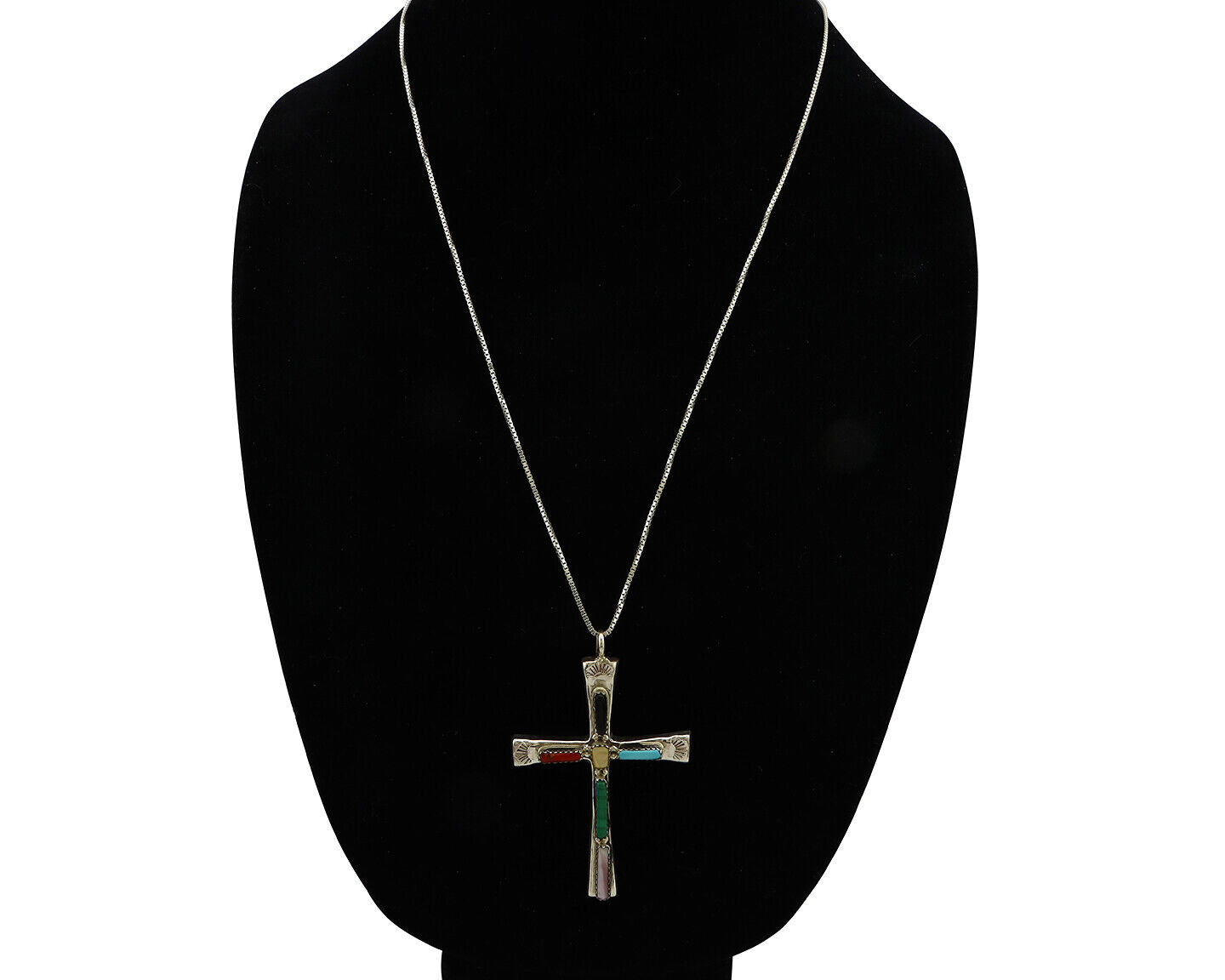 Zuni Handmade Cross Necklace 925 Silver Natural Gemstone Signed L. IULE C.80's