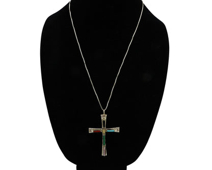 Zuni Handmade Cross Necklace 925 Silver Natural Gemstone Signed L. IULE C.80's