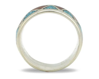 Navajo Ring 925 Silver Natural Turquoise & Coral Native American Artist C.80's
