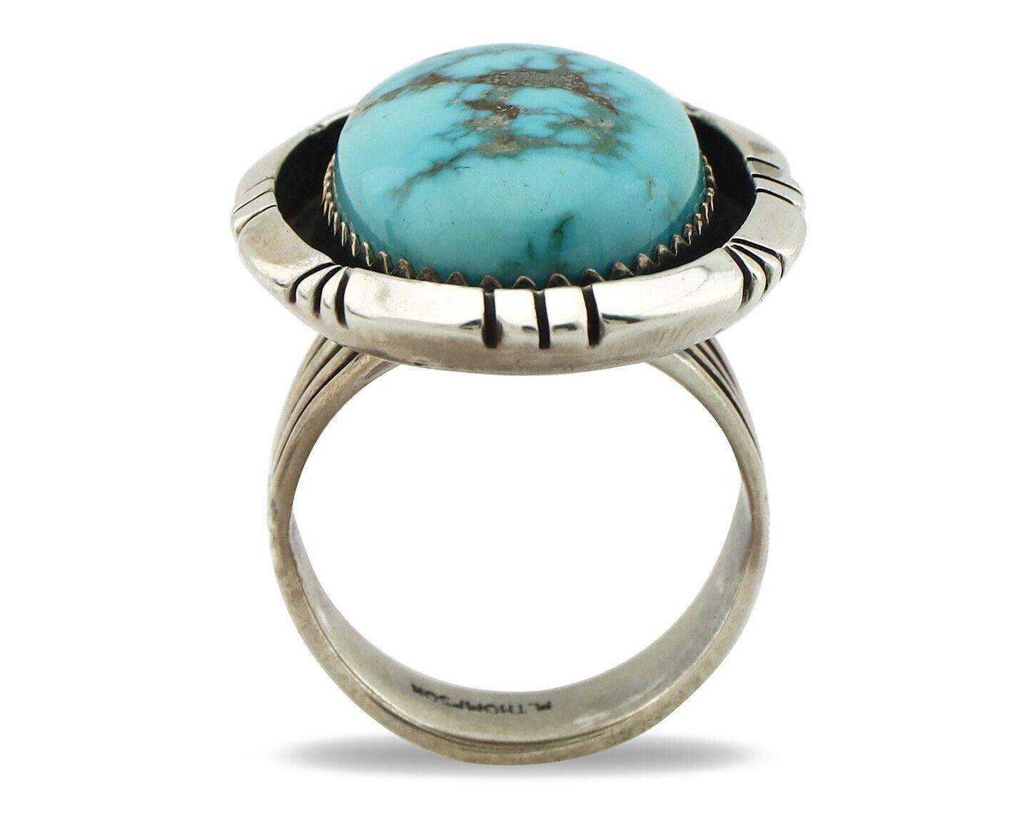 Navajo Ring 925 Silver Morenci Turquoise Artist Signed M Thompson C.80's