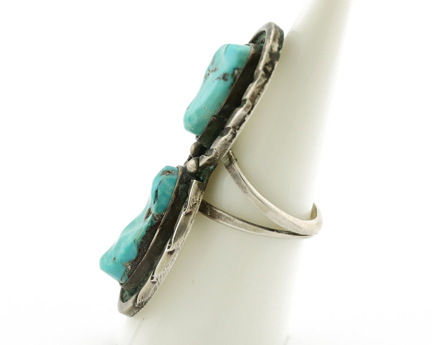 Navajo Ring .925 Silver Globe Turquoise Hand Stamped Native American Artist C80s