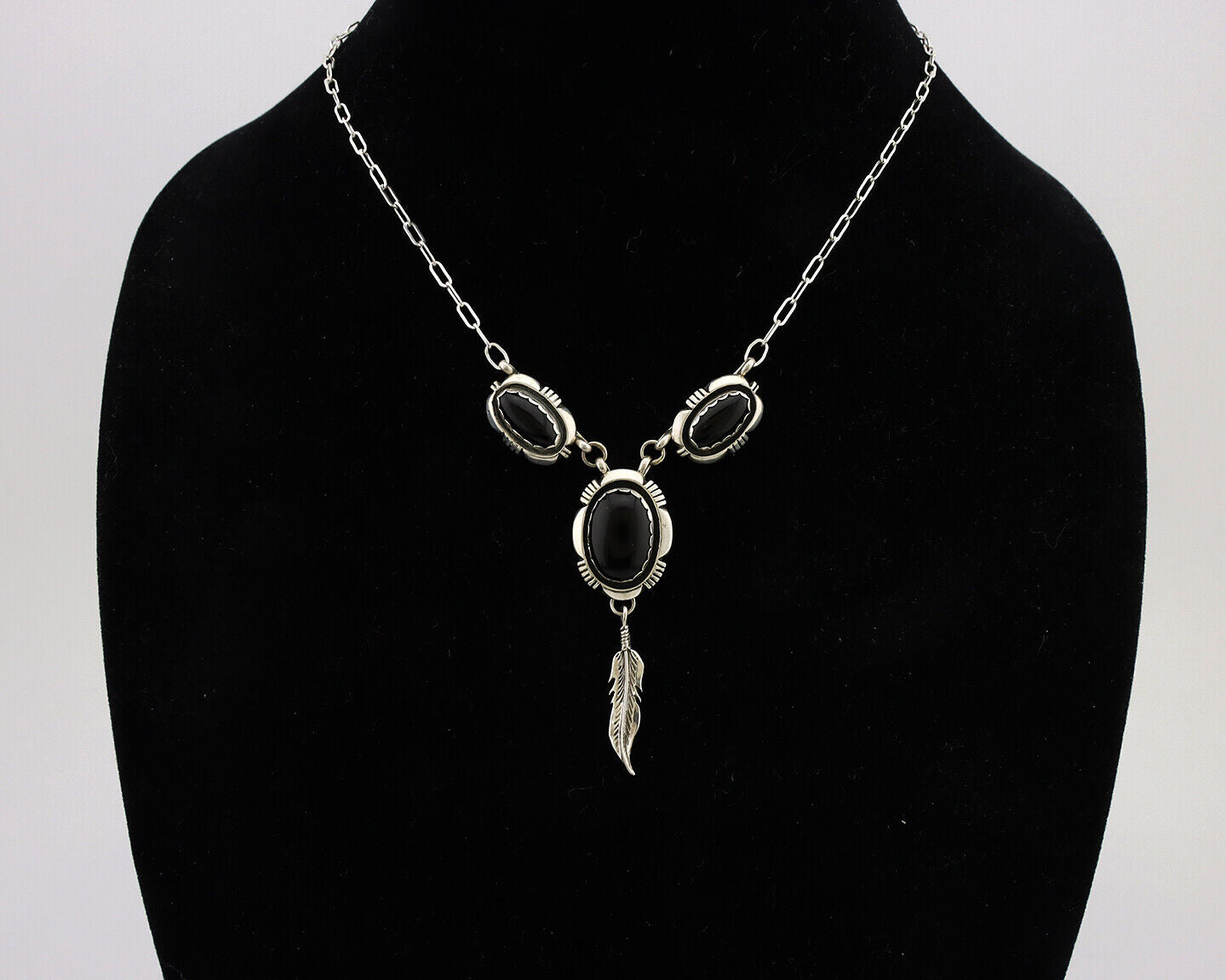 Navajo Necklace 925 Silver Black Onyx Signed Leonard & Marian Nez C.80's