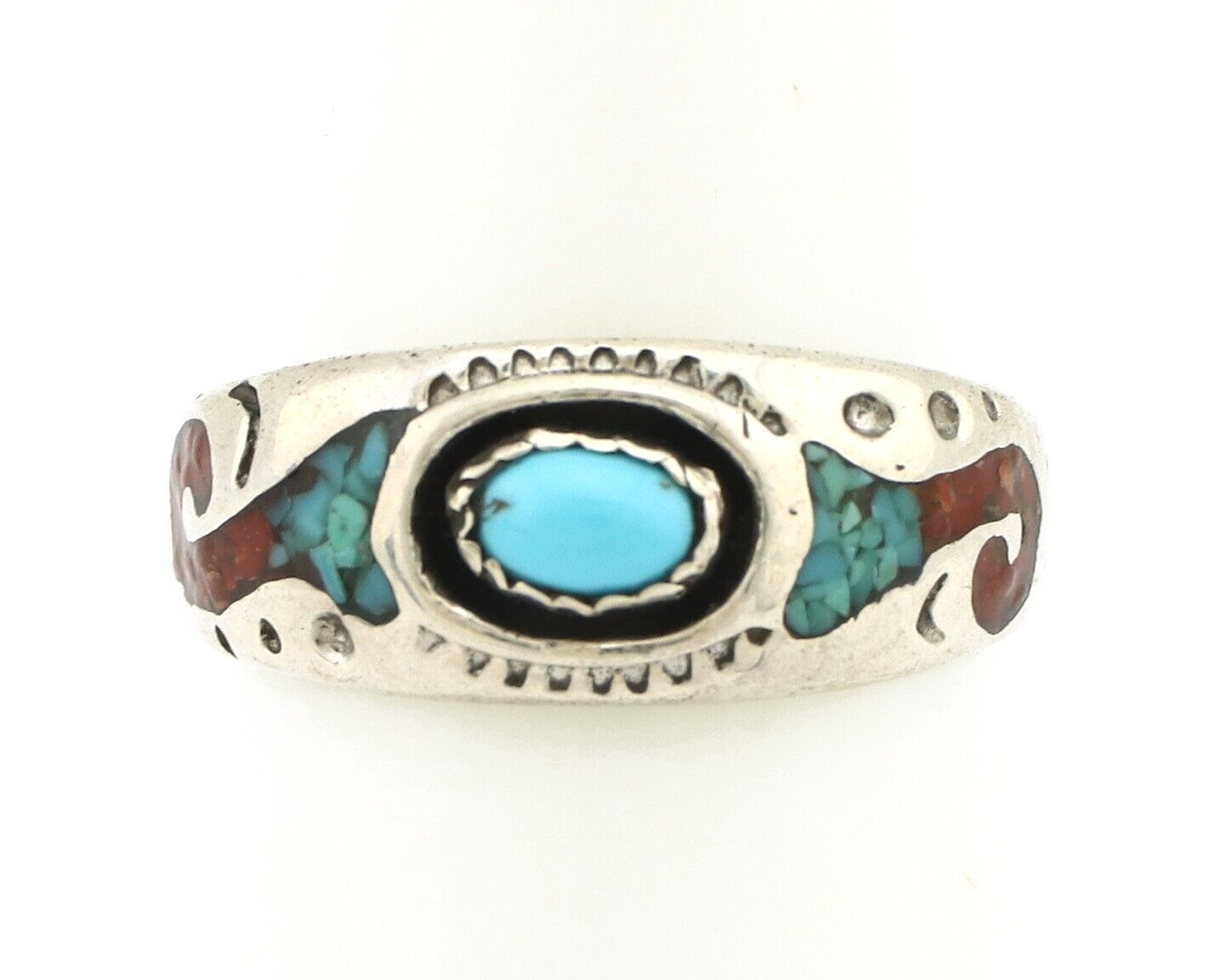 Navajo Handmade Ring 925 Silver Blue Turquoise & Coral Native American C.80's