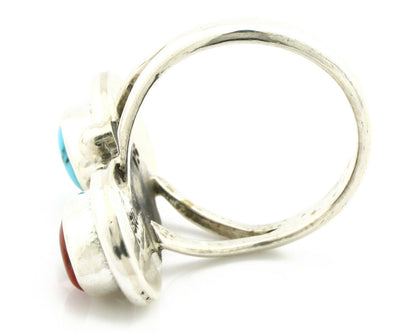 Navajo Ring .925 Silver Red Coral & Blue Turquoise Native Artist C.80's