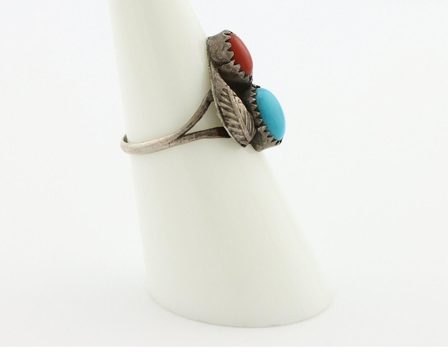Navajo Handmade Ring 925 Silver Turquiose & Coral Native American Artist C.80's
