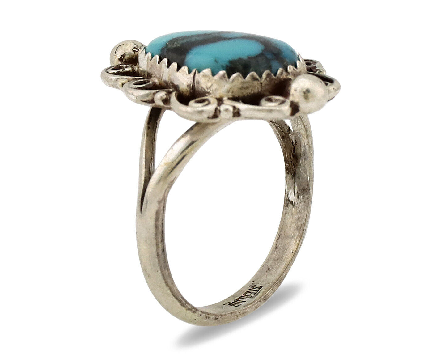 Navajo Ring .925 Silver Nevada Turquoise Native American Artist TALHAT C.1980's