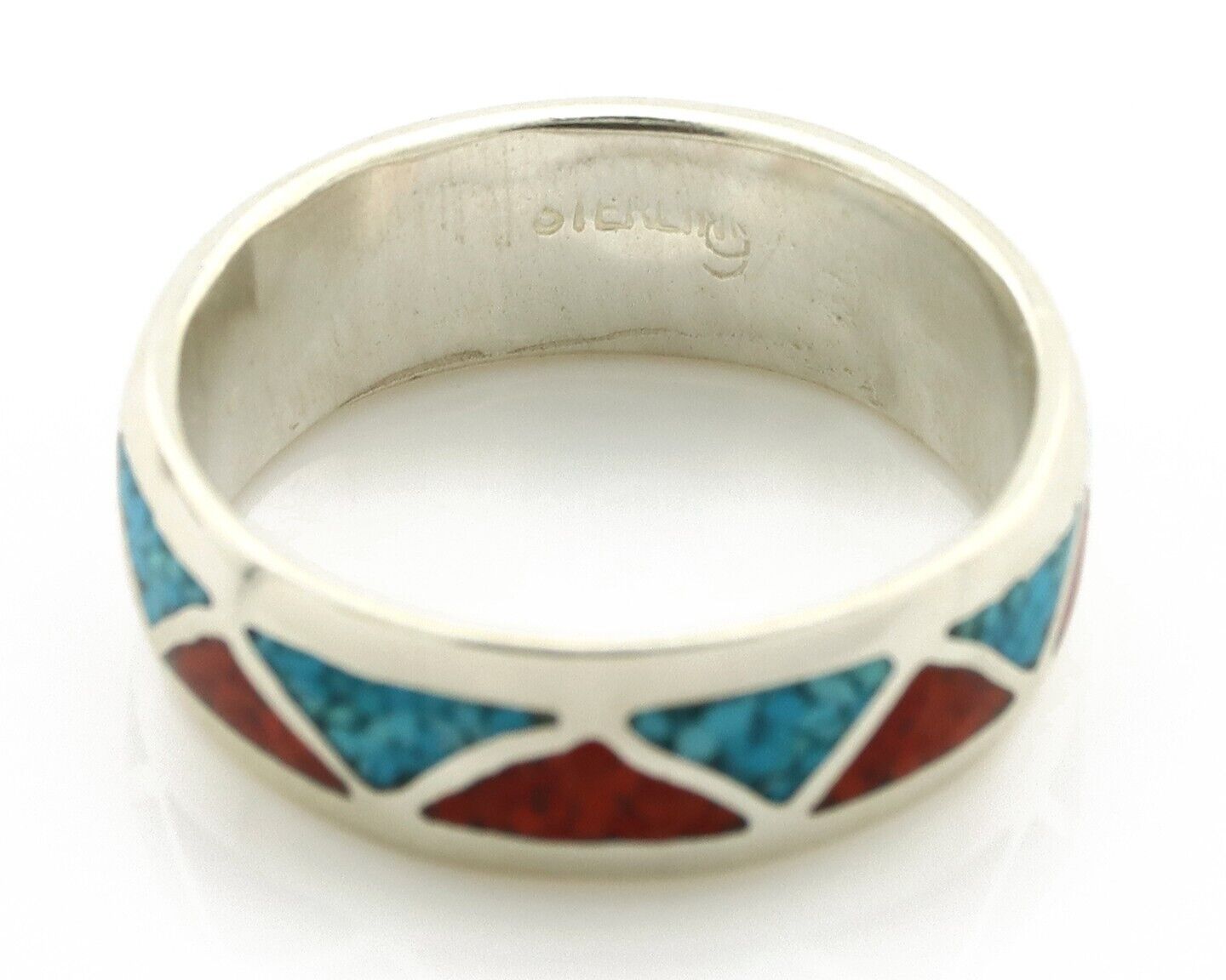 Navajo Chip Inlay Ring 925 Silver Sleeping Beauty Turquoise & Coral Silver Cloud